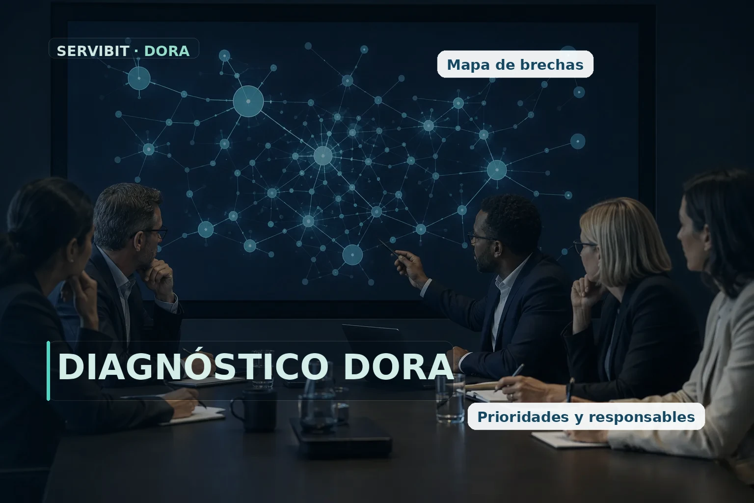 Equipo directivo, riesgo y tecnología analizando un mapa de dependencias para evaluación DORA