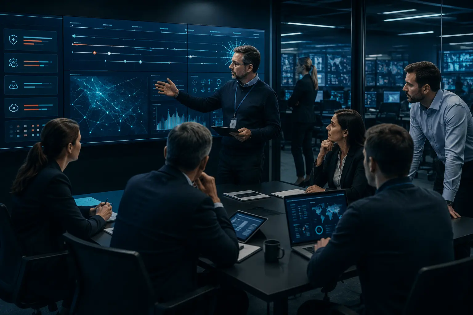 Equipo multidisciplinar coordinando una simulación de incidente y resiliencia operativa