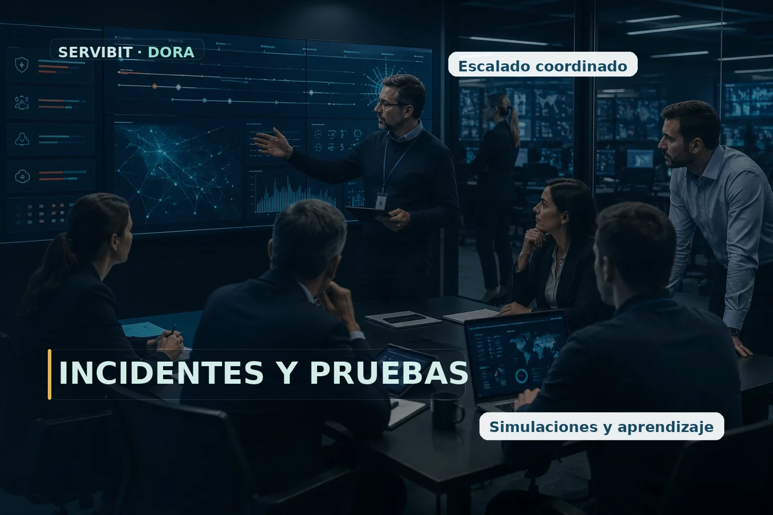 Equipo multidisciplinar coordinando una simulación de incidente y resiliencia operativa digital